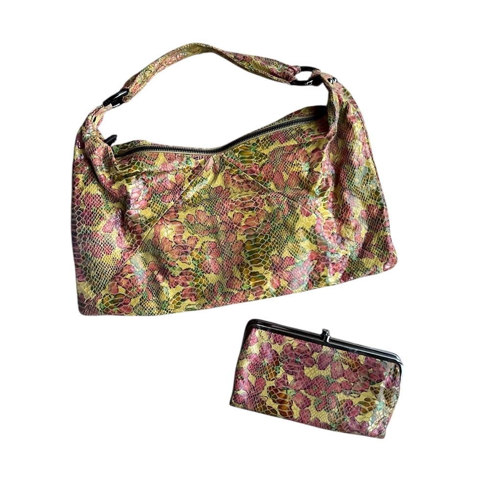 HOBO International Paulette slouchy shoulder bag wallet set yellow floral snake - Picture 1 of 12